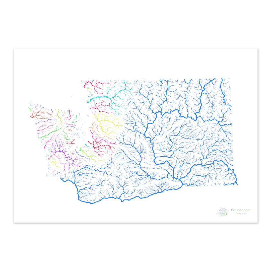 Washington - River basin map, rainbow on white - Fine Art Print