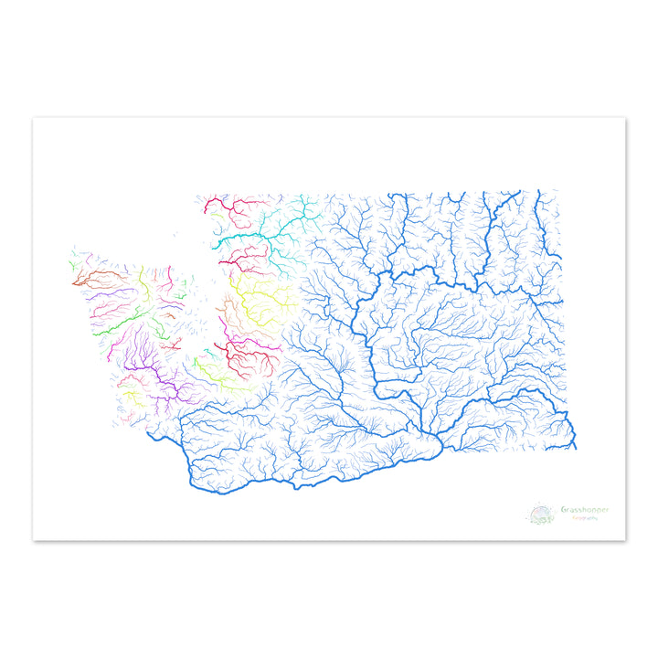 Washington - River basin map, rainbow on white - Fine Art Print