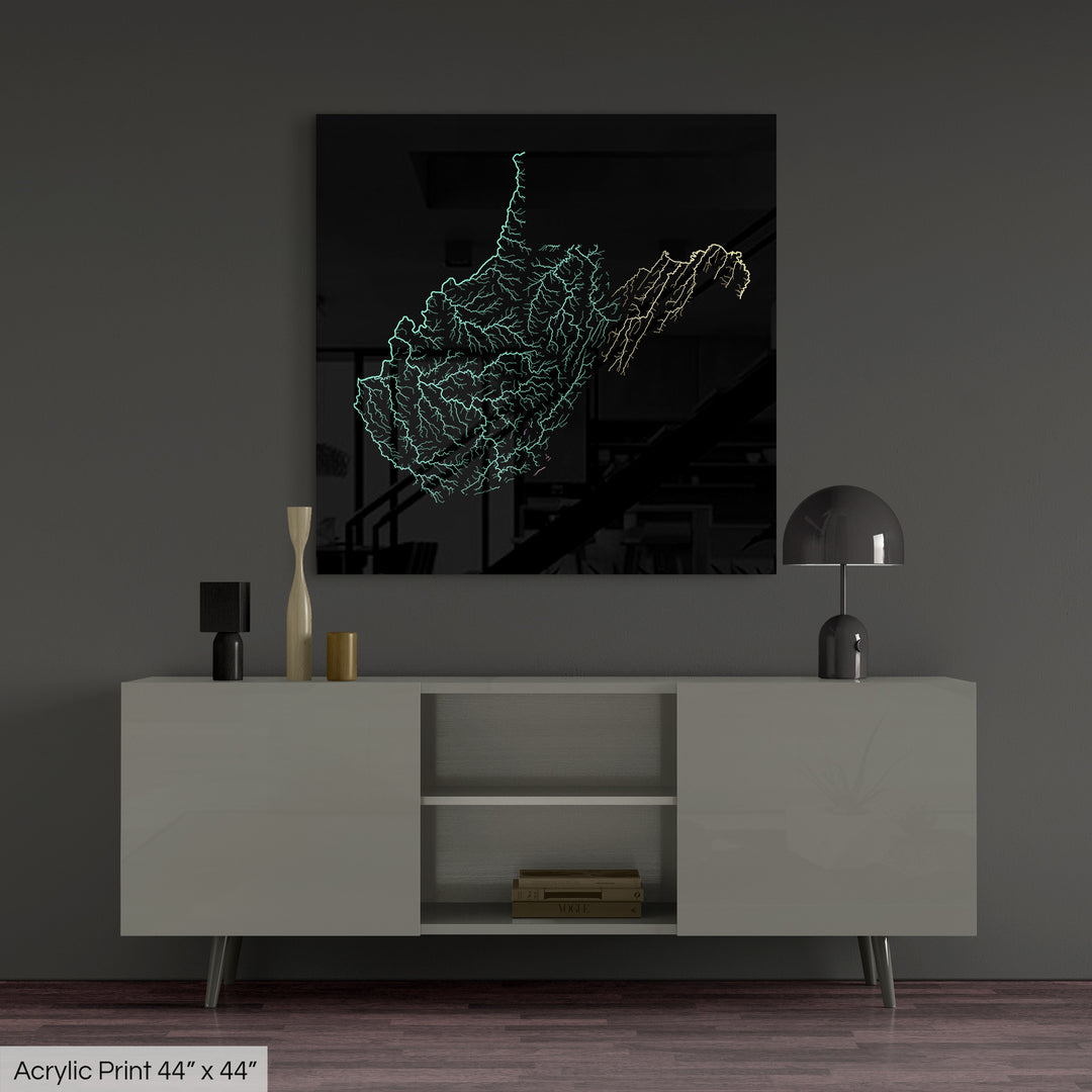 West Virginia - River basin map, pastel colours - Wall Art