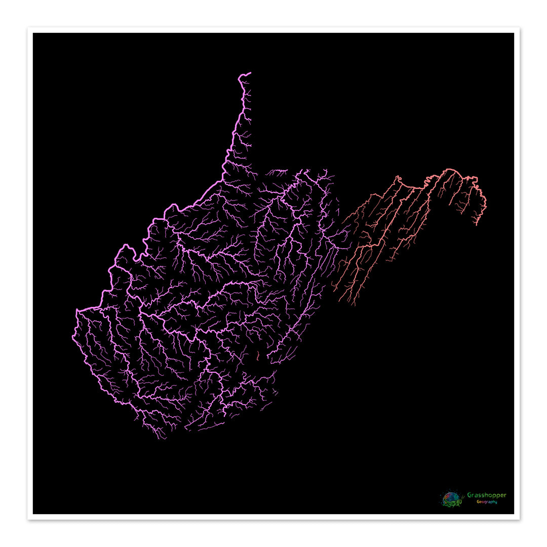 River basin map of West Virginia, pastel colours on black - Fine Art Print
