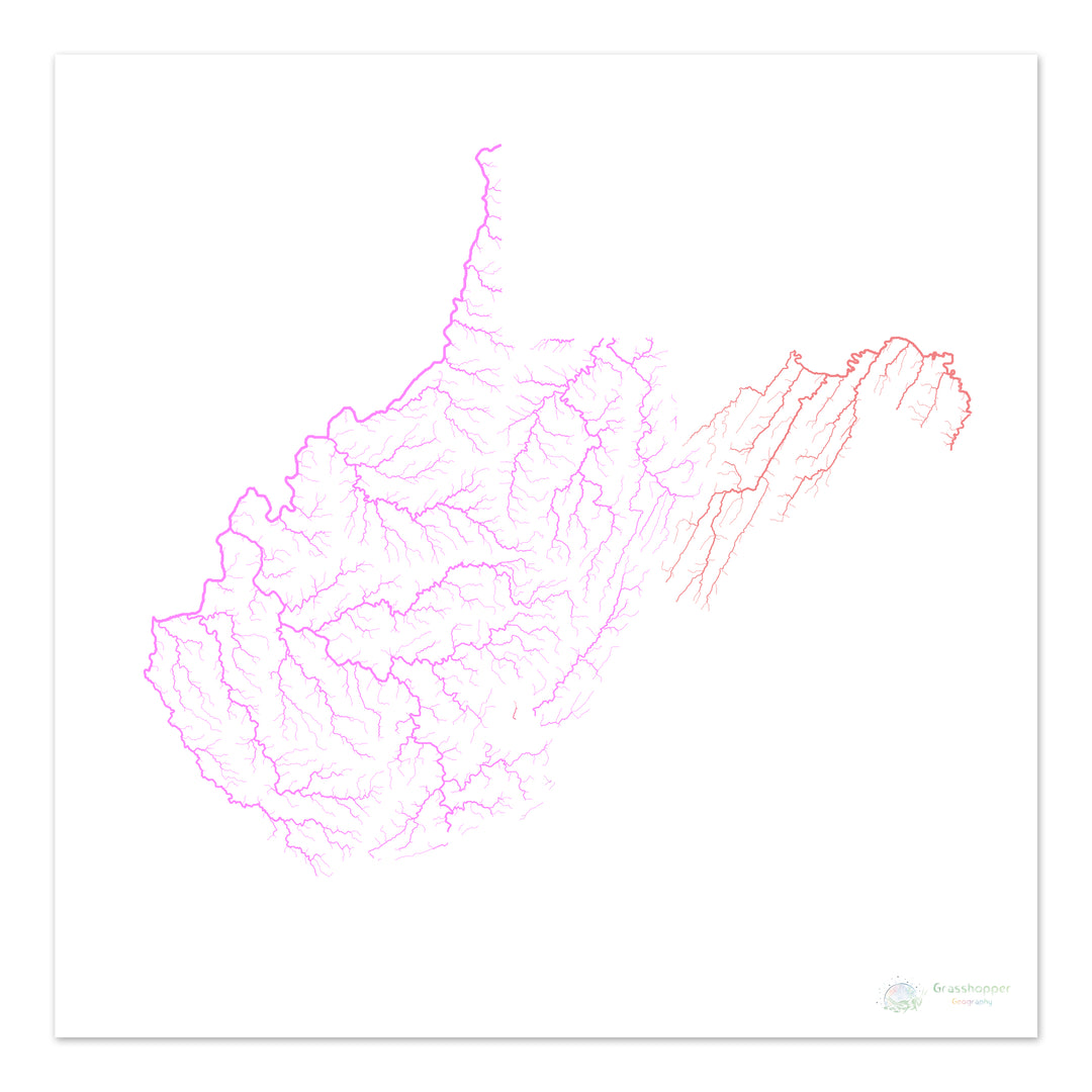 Virginia Occidental - Mapa de la cuenca fluvial, pastel sobre blanco - Impresión de bellas artes