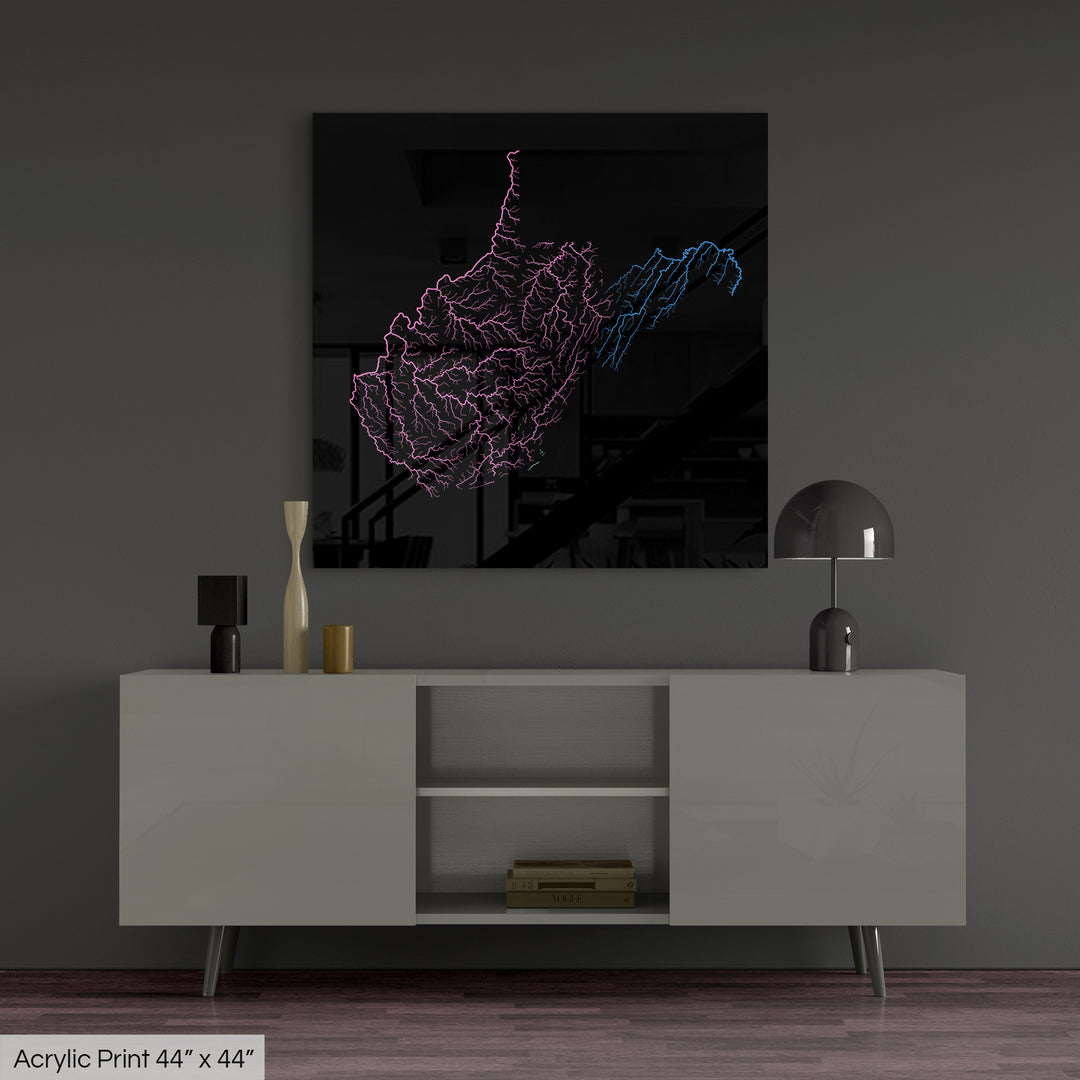 West Virginia - River basin map, rainbow colours - Wall Art