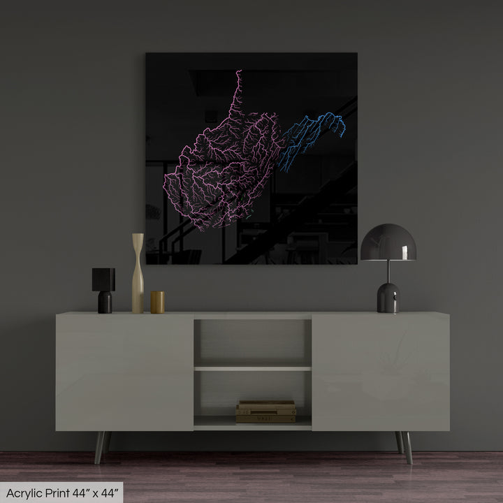 West Virginia - River basin map, rainbow colours - Wall Art
