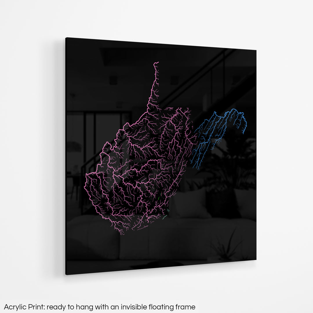 West Virginia - River basin map, rainbow colours - Wall Art