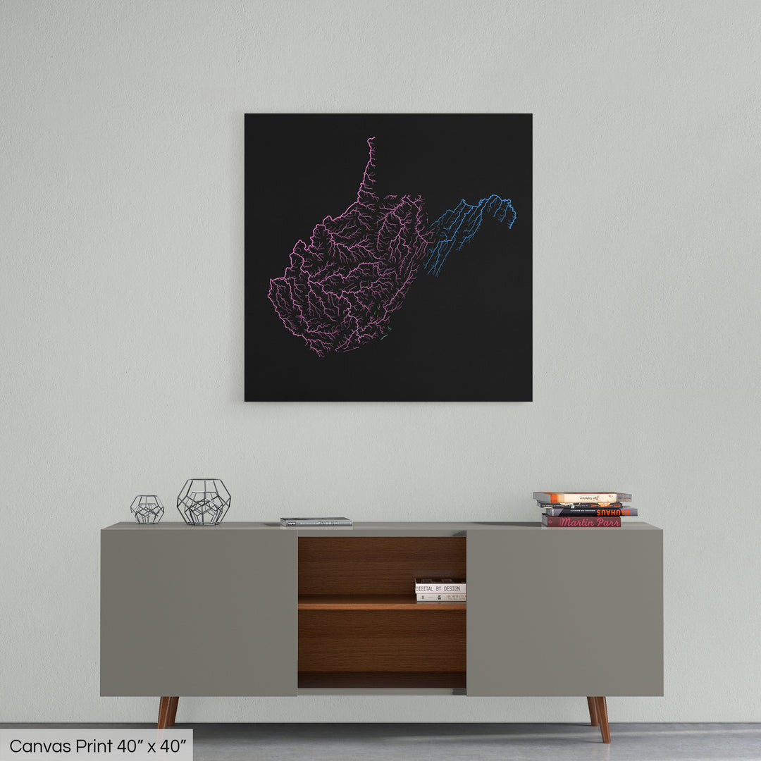 West Virginia - River basin map, rainbow colours - Wall Art