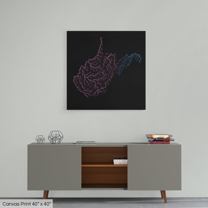 West Virginia - River basin map, rainbow colours - Wall Art