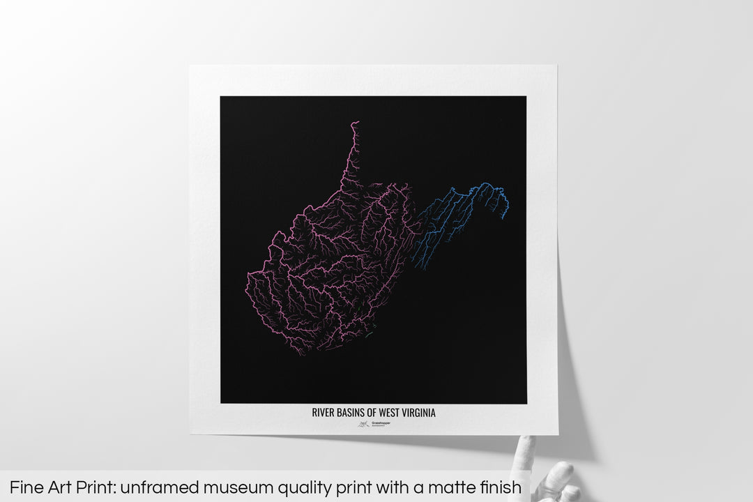 West Virginia - River basin map, rainbow colours - Wall Art