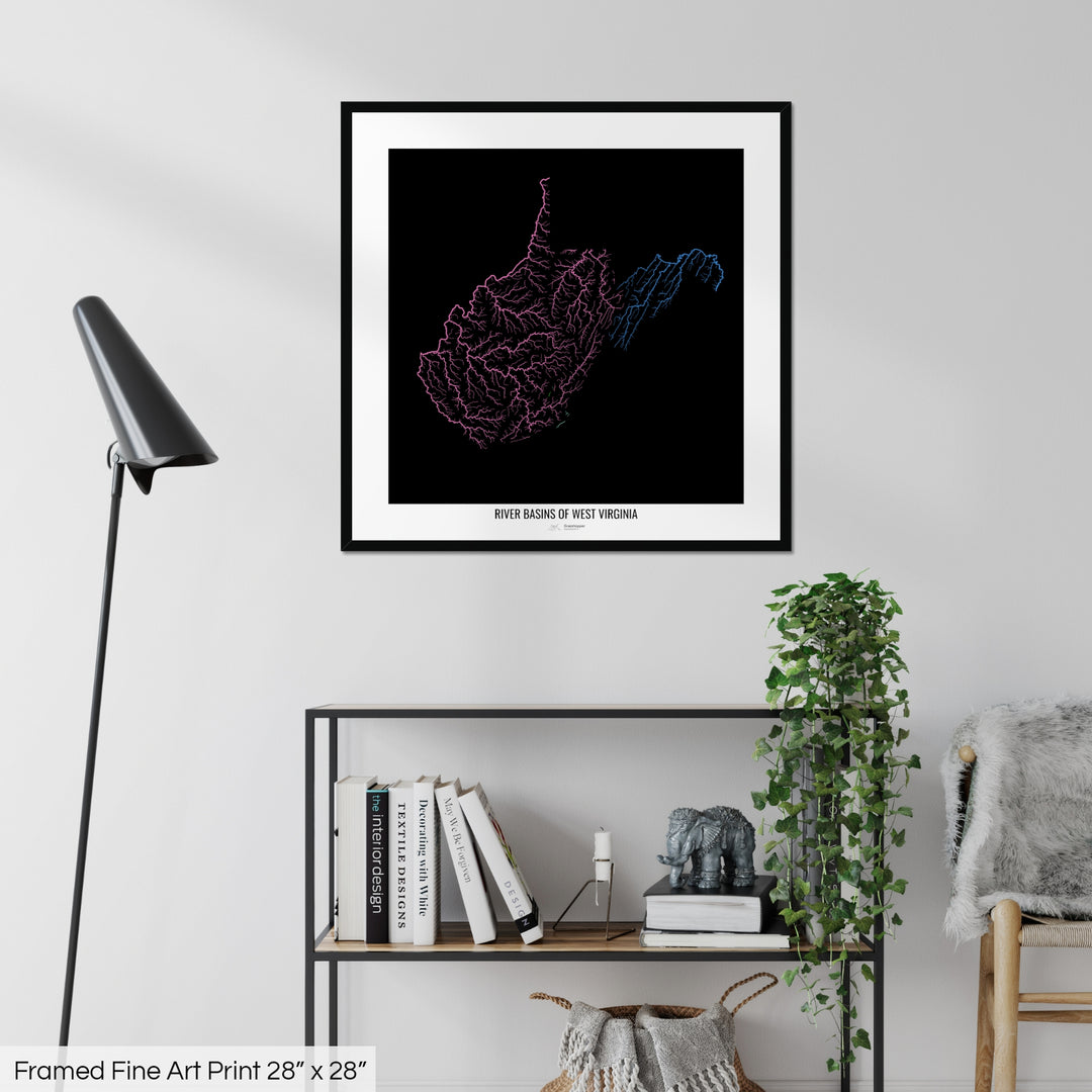 West Virginia - River basin map, rainbow colours - Wall Art