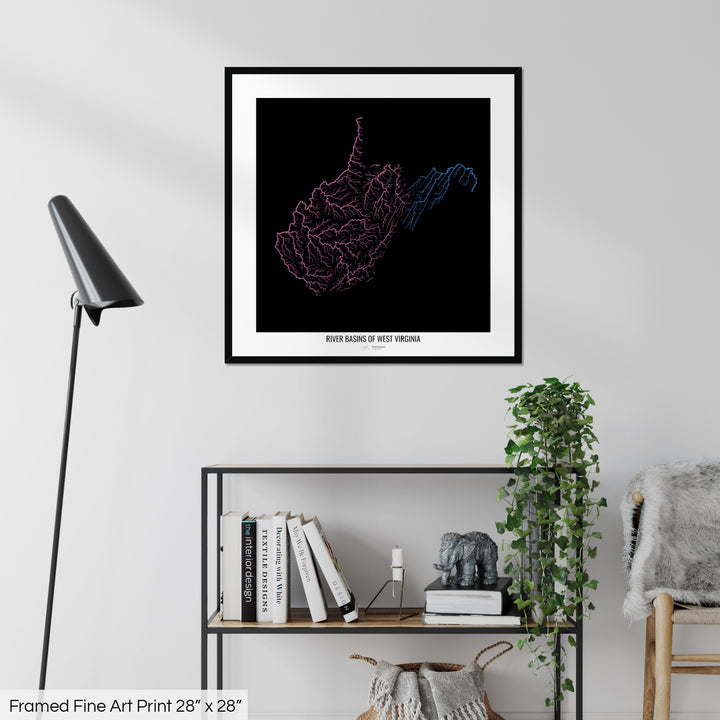 West Virginia - River basin map, rainbow colours - Wall Art