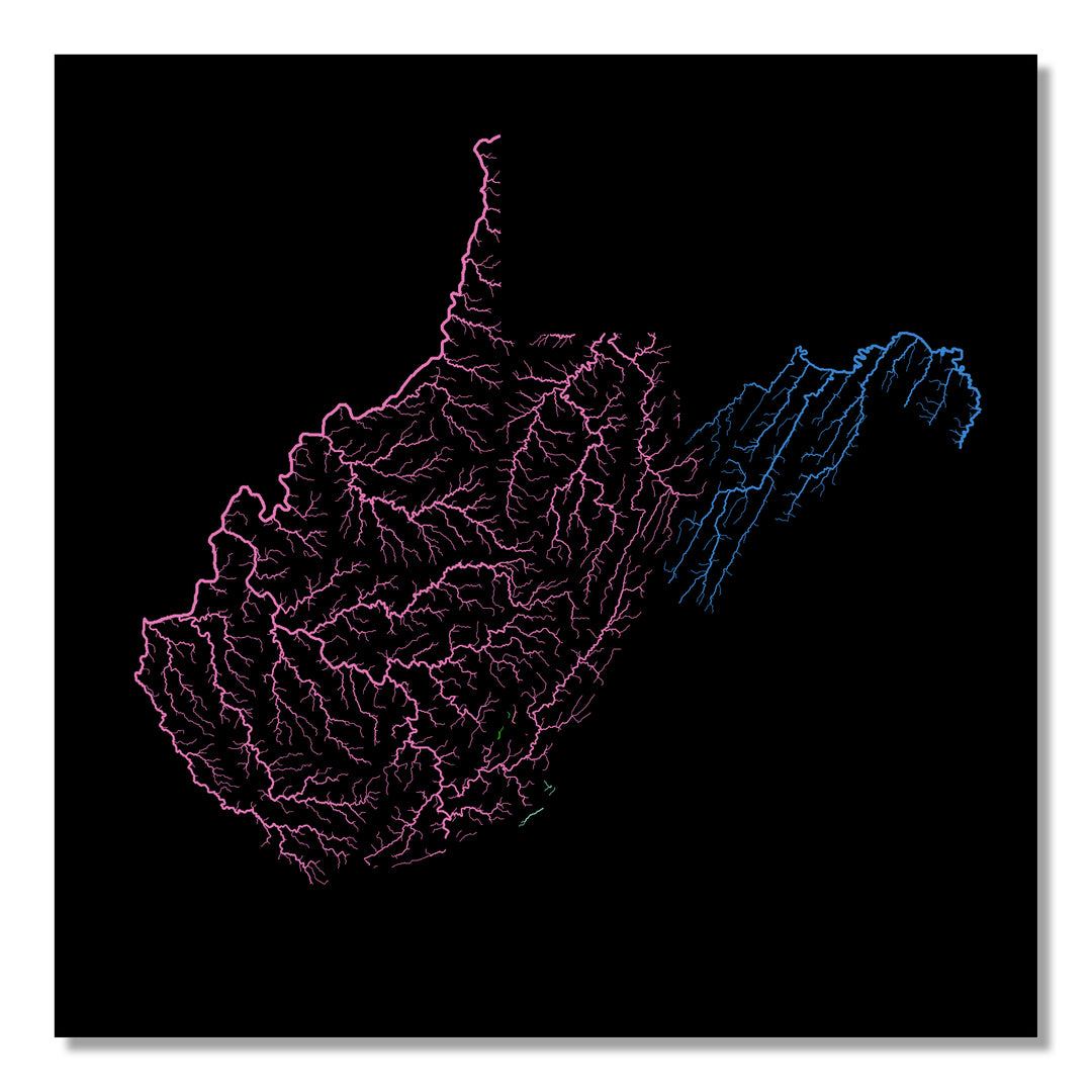West Virginia - River basin map, rainbow colours - Wall Art