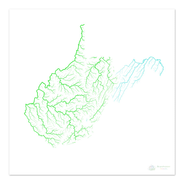 River basin map of West Virginia, rainbow colours on white Fine Art Print