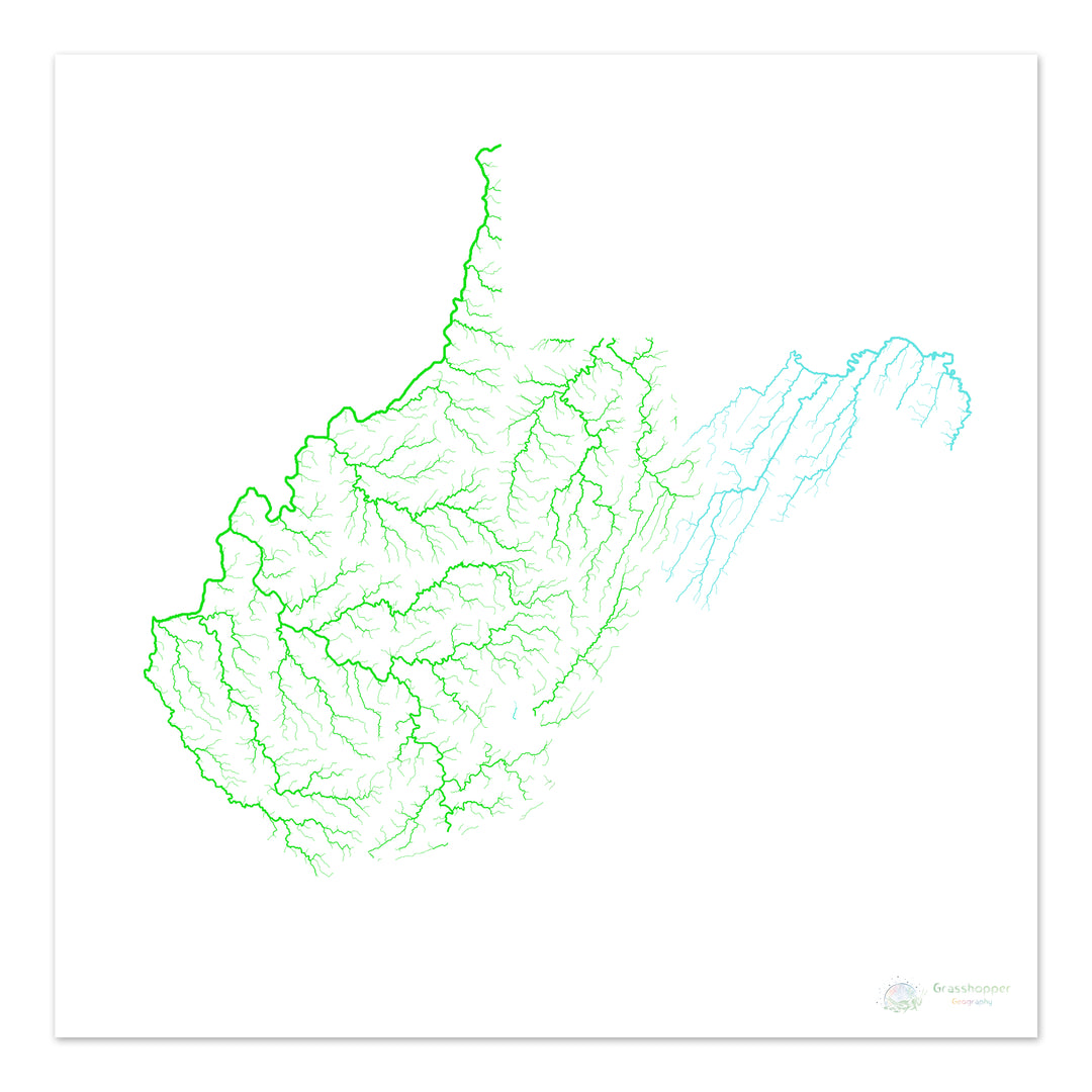 West Virginia - River basin map, rainbow on white - Fine Art Print