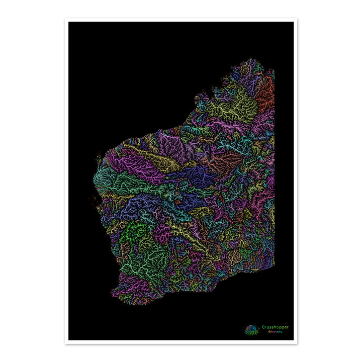 River basin map of Western Australia, pastel colours on black - Fine Art Print