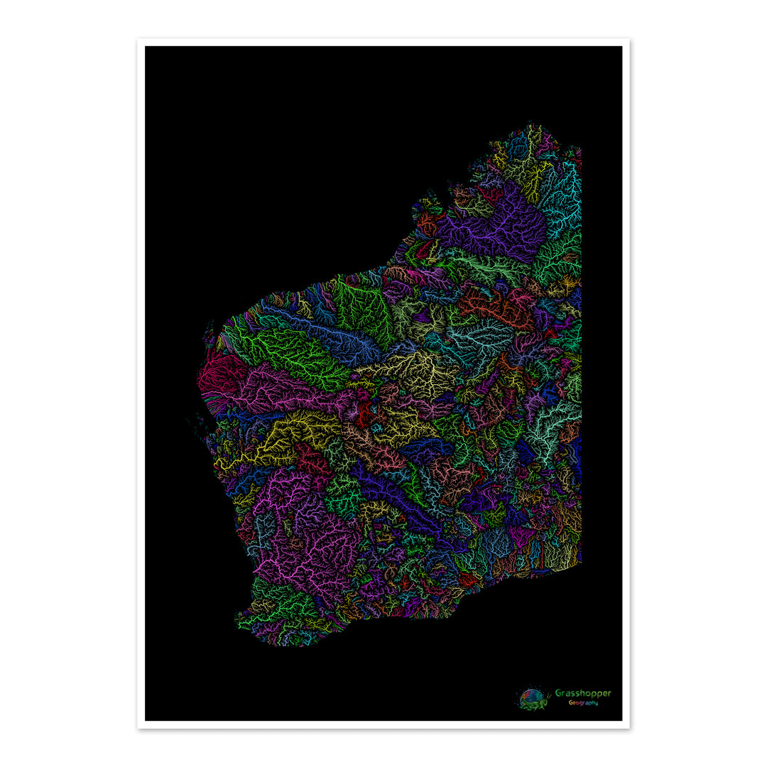 Austrália Ocidental - Mapa da bacia hidrográfica, arco-íris em preto - Impressão de belas artes