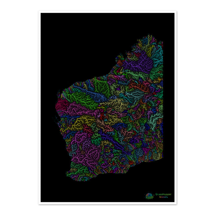 Western Australia - River basin map, rainbow on black - Fine Art Print