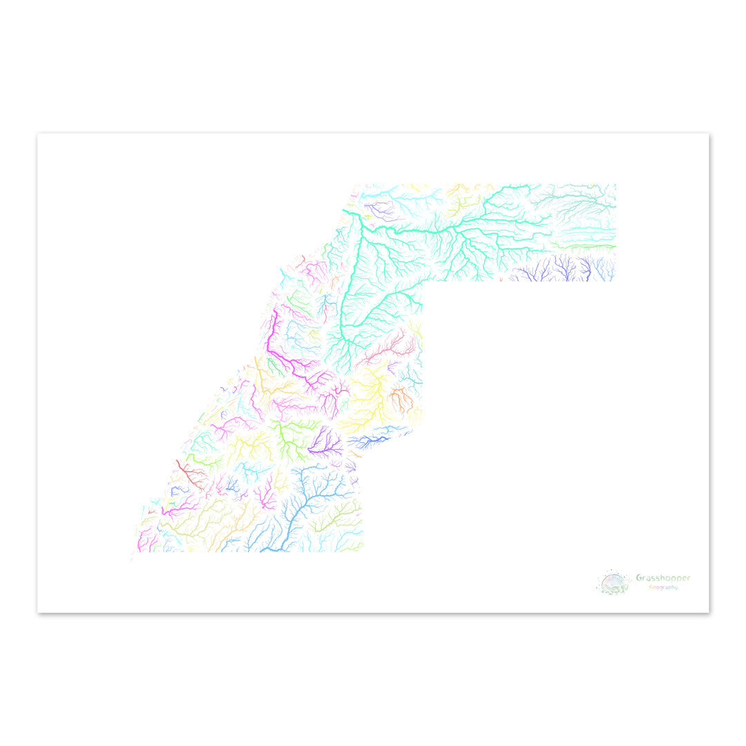 River basin map of Western Sahara, pastel colours on white - Fine Art Print