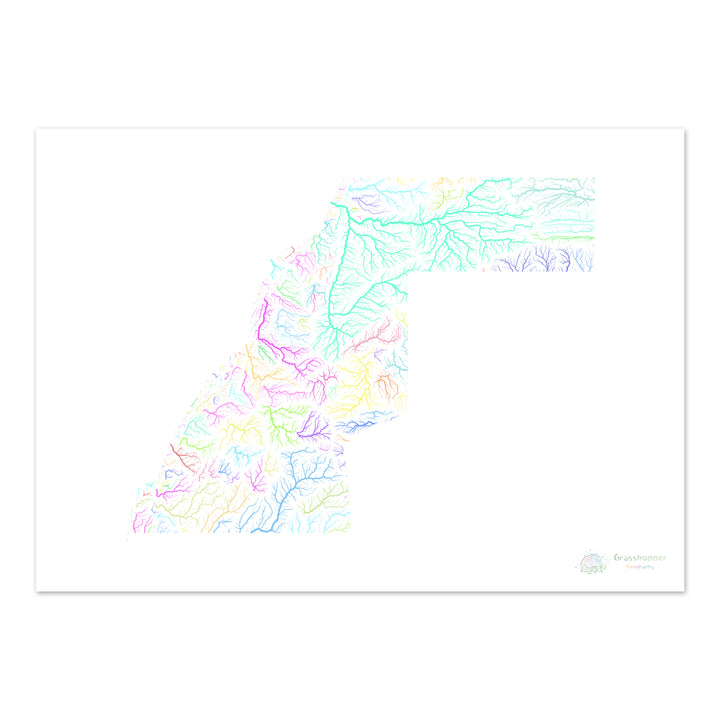 River basin map of Western Sahara, pastel colours on white - Fine Art Print