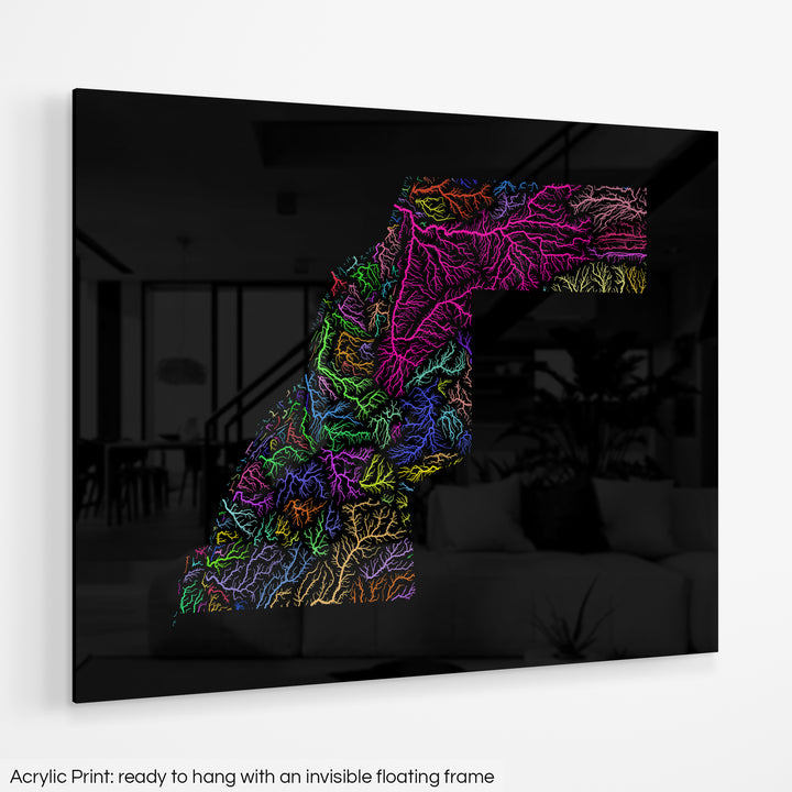 Western Sahara - River basin map, rainbow colours - Wall Art