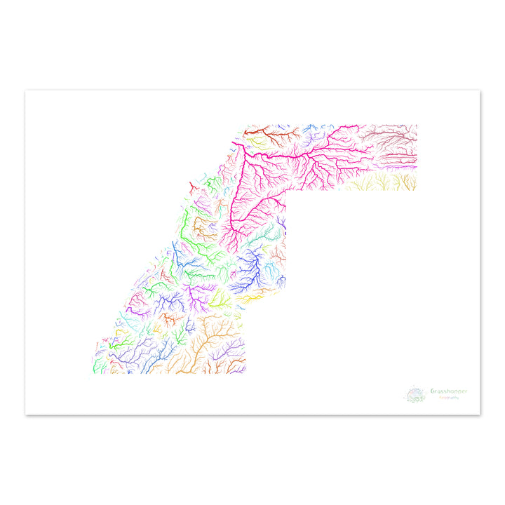 River basin map of Western Sahara, rainbow colours on white Fine Art Print