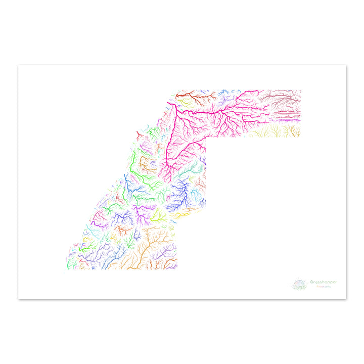 Sahara Occidental - Mapa de la cuenca fluvial, arco iris sobre blanco - Impresión de Bellas Artes