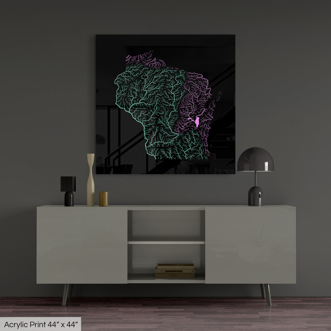 Wisconsin - River basin map, pastel colours - Wall Art