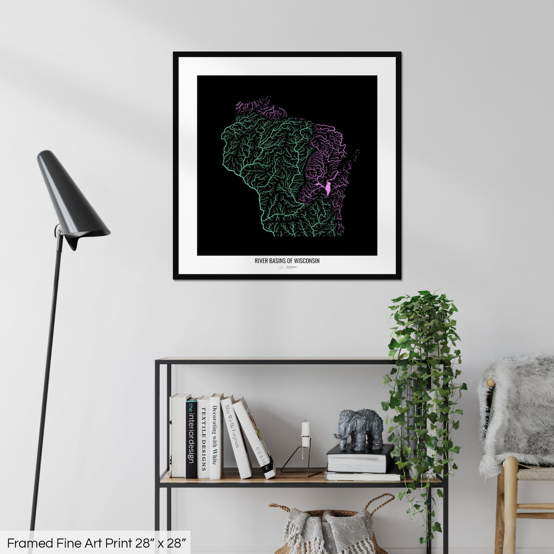 Wisconsin - River basin map, pastel colours - Wall Art