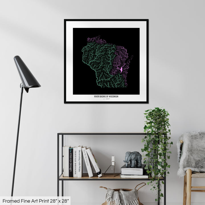 Wisconsin - River basin map, pastel colours - Wall Art