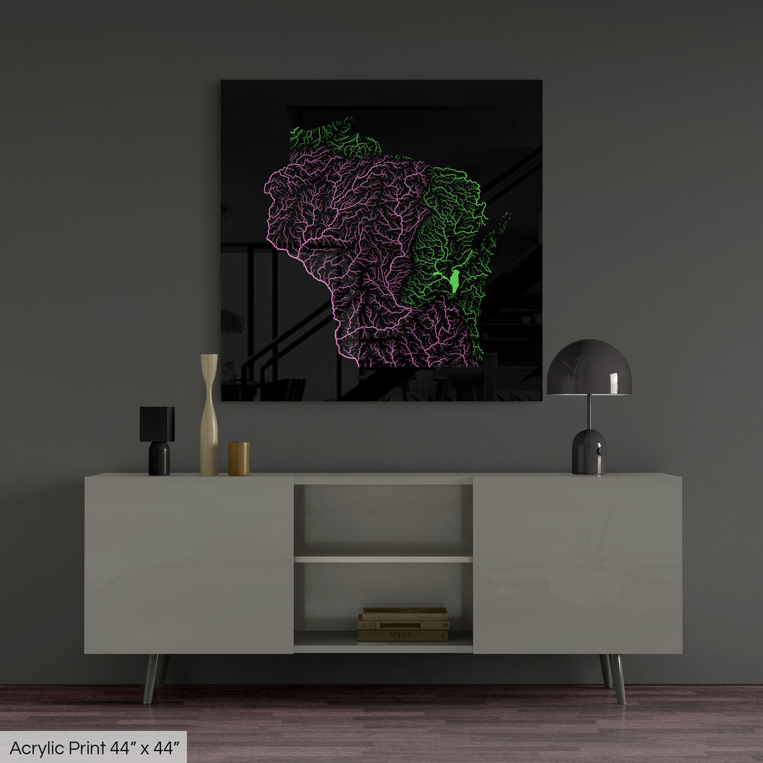 Wisconsin - River basin map, rainbow colours - Wall Art
