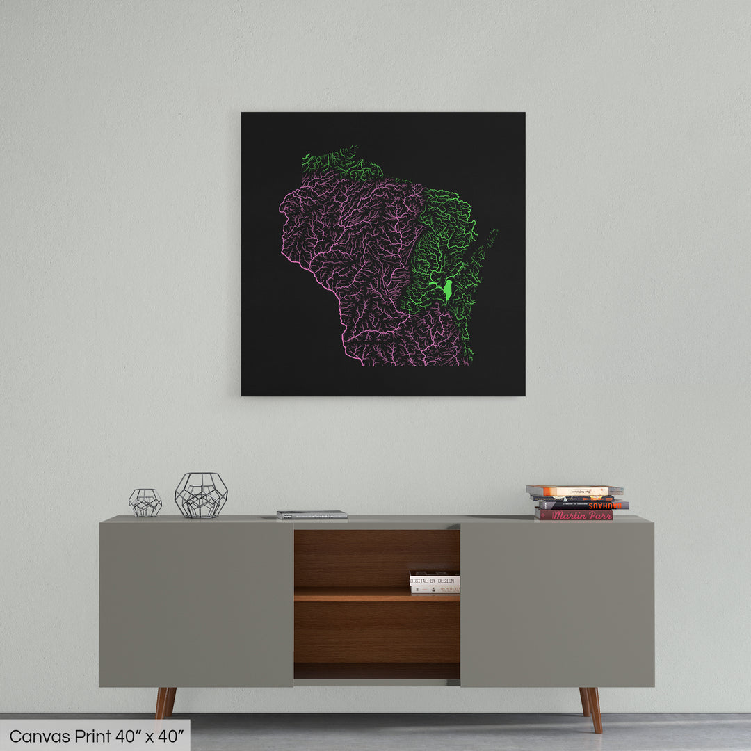 Wisconsin - River basin map, rainbow colours - Wall Art