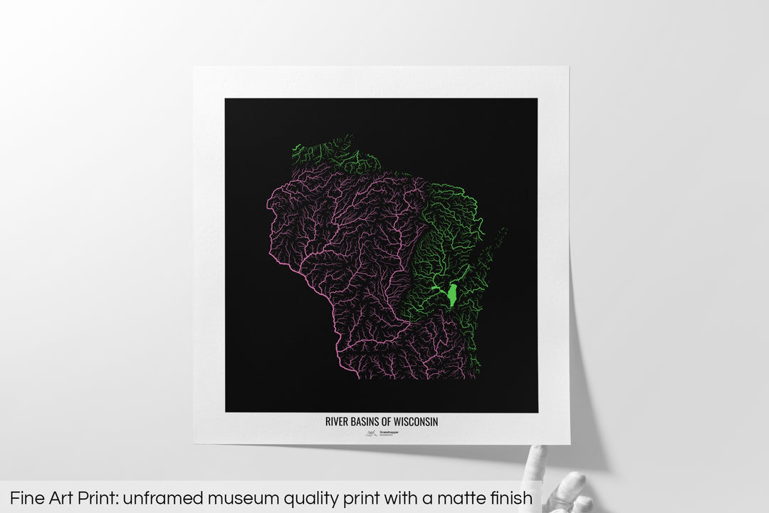 Wisconsin - River basin map, rainbow colours - Wall Art