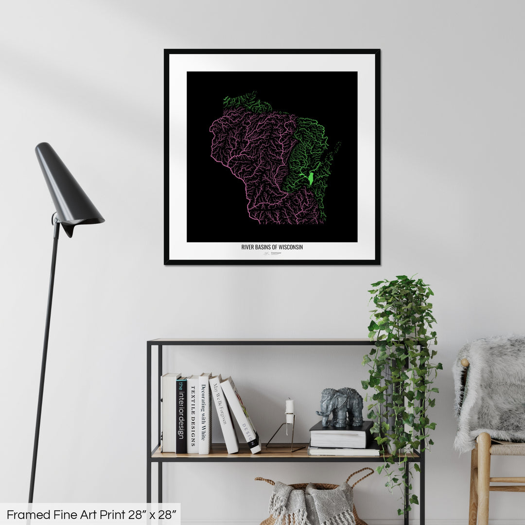 Wisconsin - River basin map, rainbow colours - Wall Art