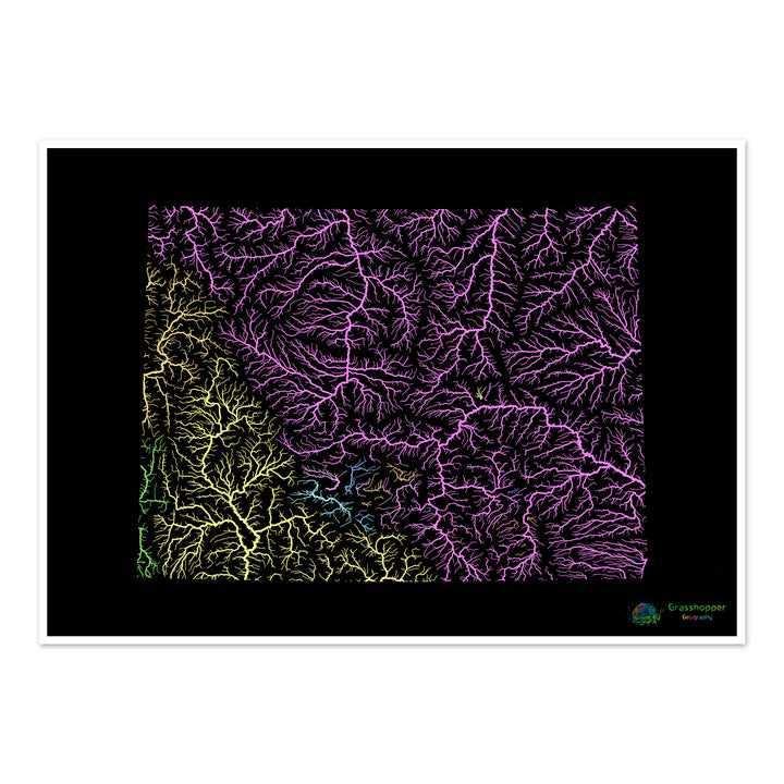 River basin map of Wyoming, pastel colours on black - Fine Art Print