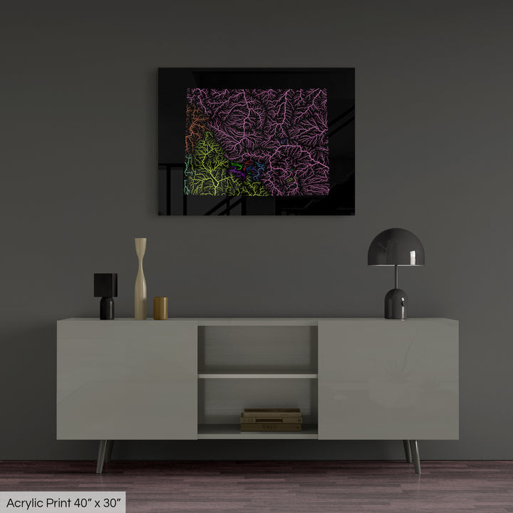 Wyoming - River basin map, rainbow colours - Wall Art