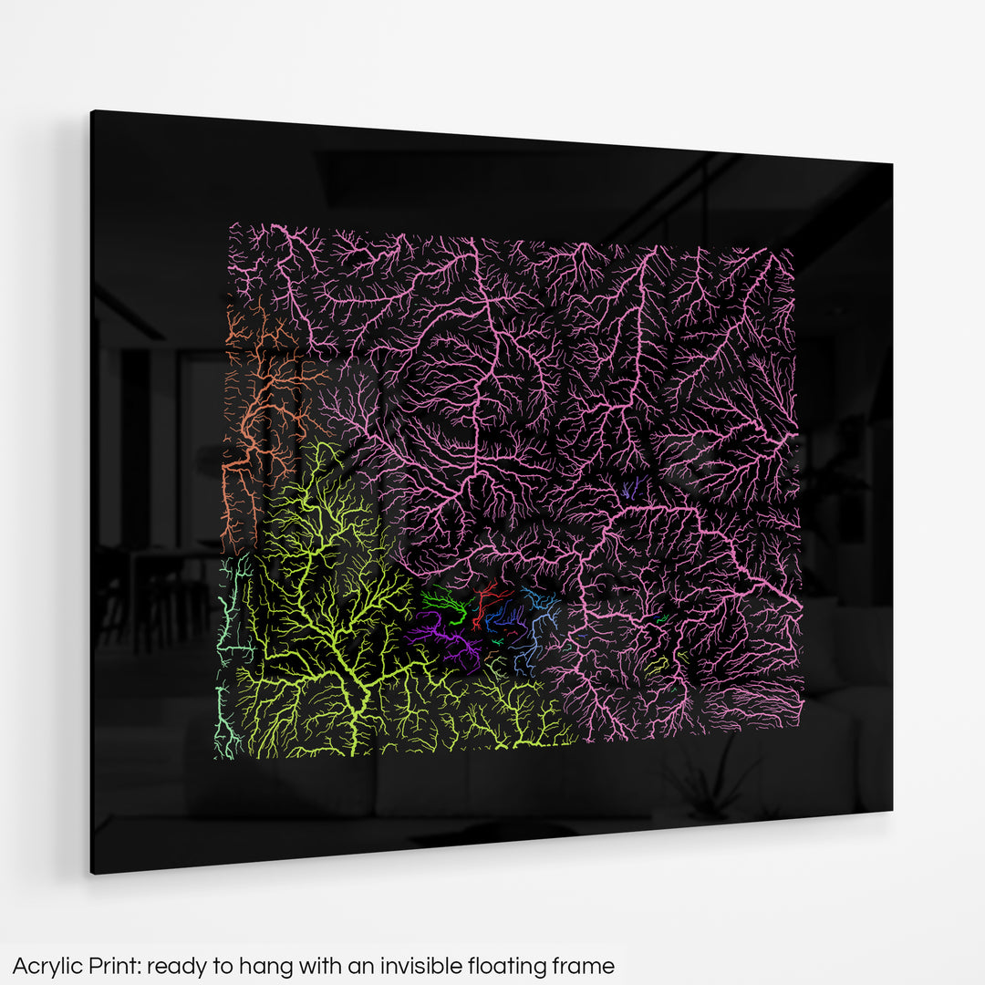 Wyoming - River basin map, rainbow colours - Wall Art