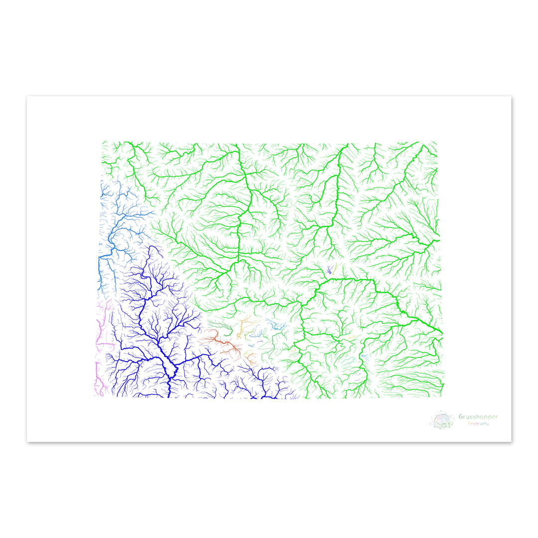 Wyoming - River basin map, rainbow on white - Fine Art Print