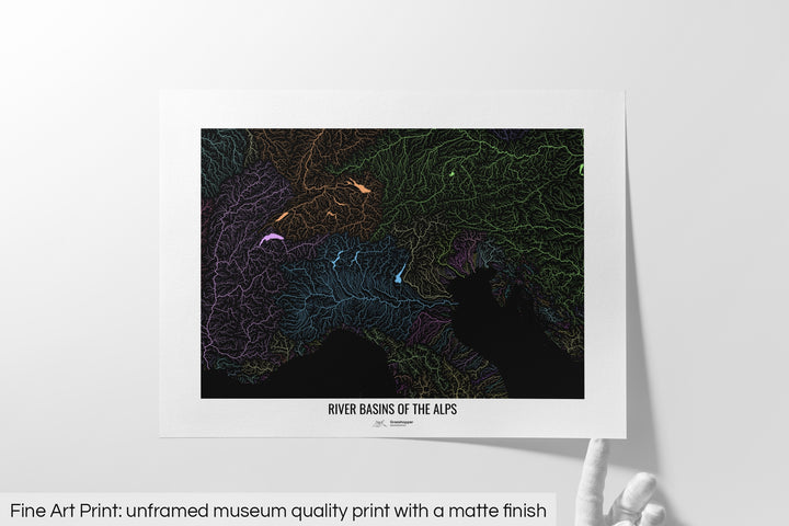 Alps - River basin map, pastel colours - Wall Art