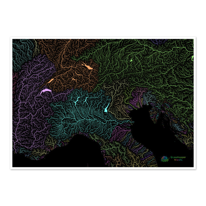 Los Alpes - Mapa de la cuenca fluvial, pastel sobre negro - Impresión de Bellas Artes