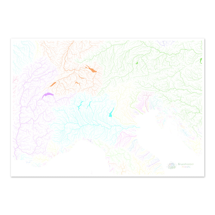 Les Alpes - Carte des bassins fluviaux, pastel sur blanc - Fine Art Print