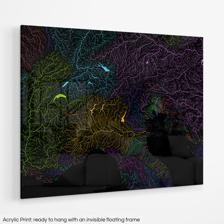 Alps - River basin map, rainbow colours - Wall Art