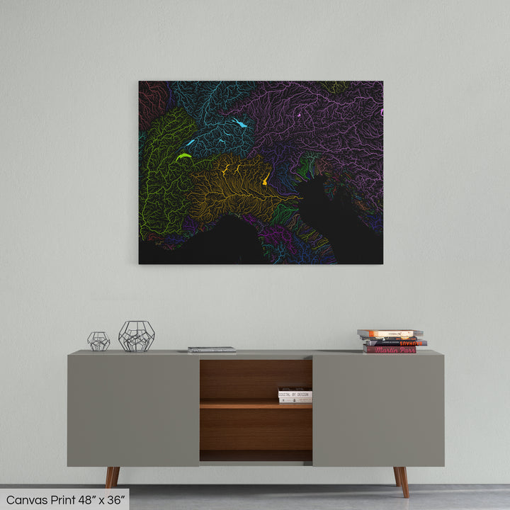 Alps - River basin map, rainbow colours - Wall Art