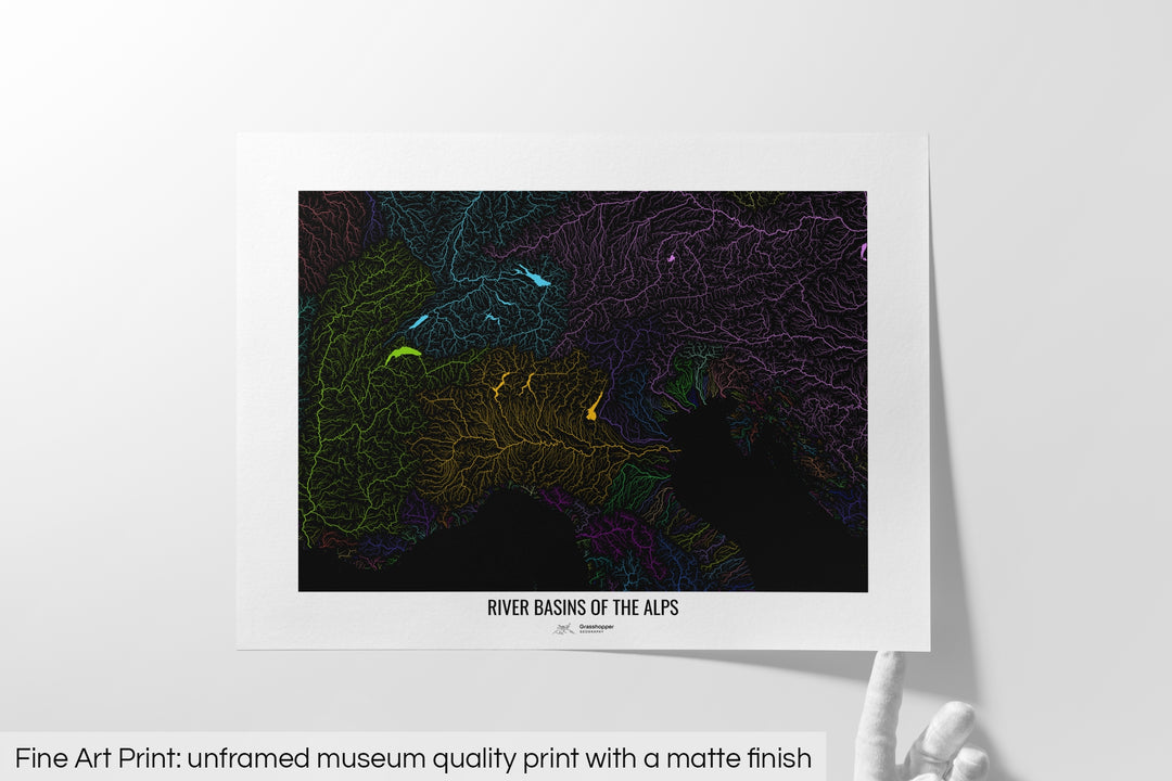 Alps - River basin map, rainbow colours - Wall Art