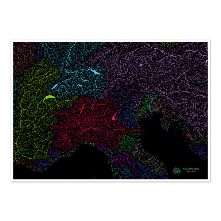 Los Alpes - Mapa de la cuenca fluvial, arco iris sobre negro - Impresión de Bellas Artes