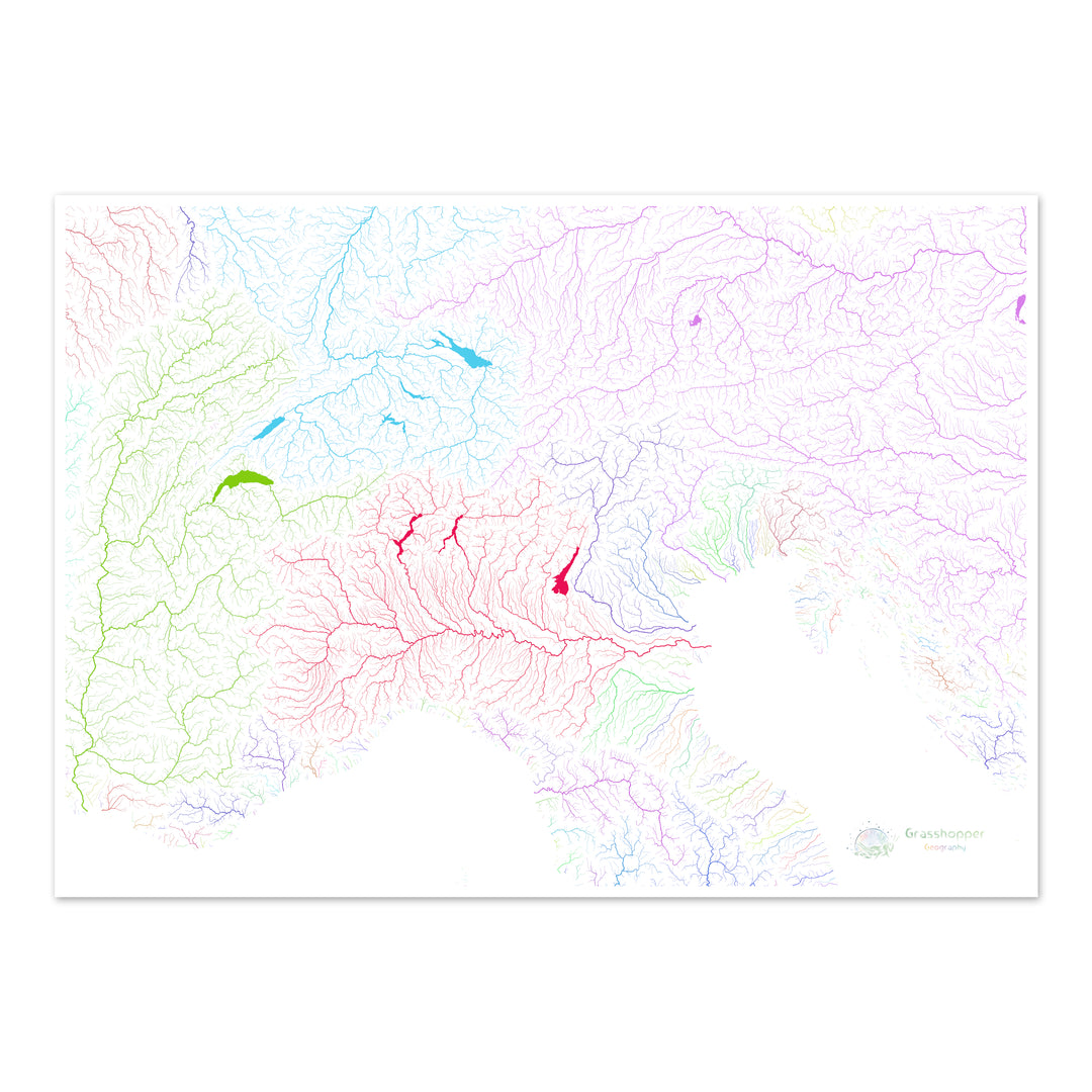 Les Alpes - Carte des bassins fluviaux, arc-en-ciel sur blanc - Fine Art Print