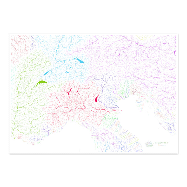 The Alps - River basin map, rainbow on white - Fine Art Print