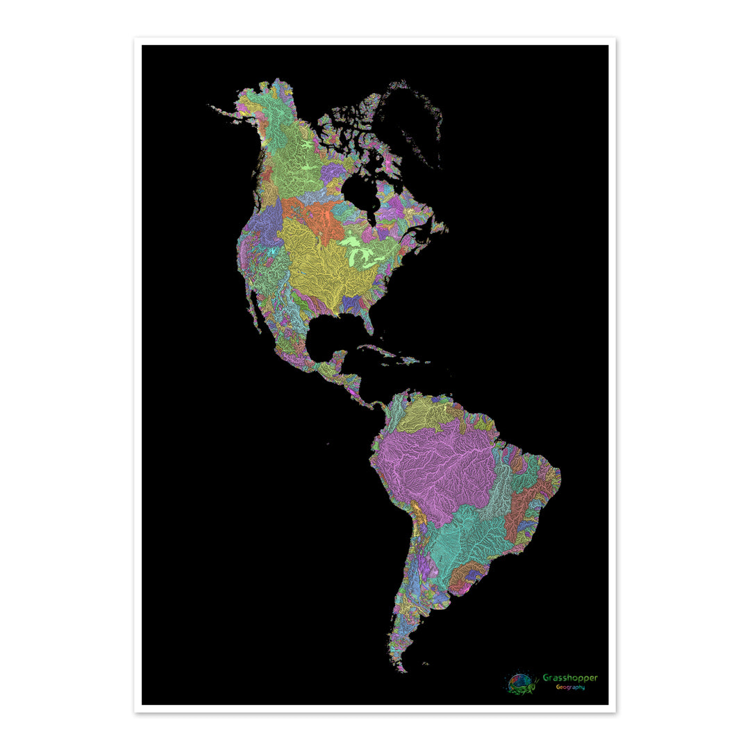 Les Amériques - Carte des bassins fluviaux, pastel sur noir - Fine Art Print
