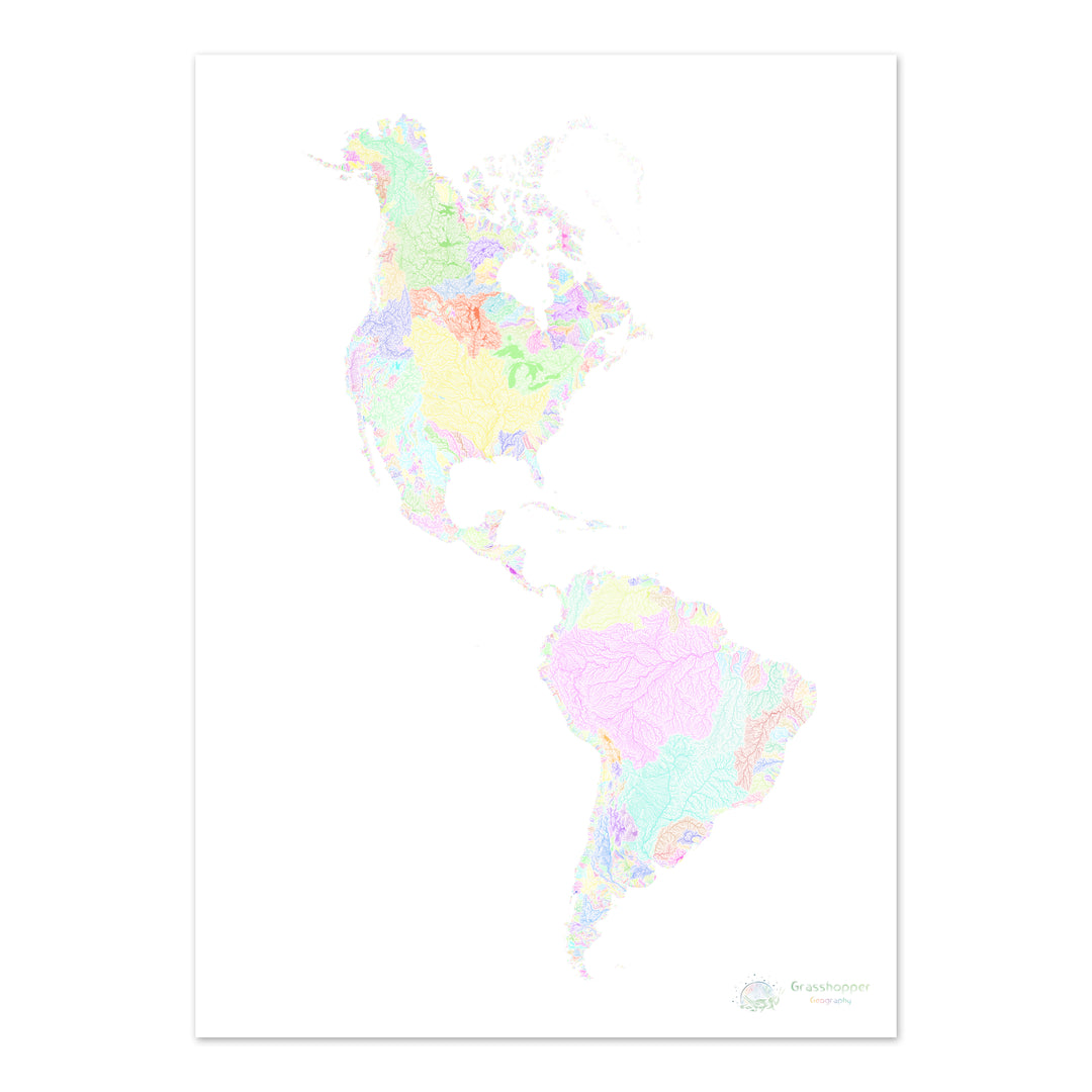Américas - Mapa da bacia hidrográfica, pastel sobre branco - Impressão de belas artes