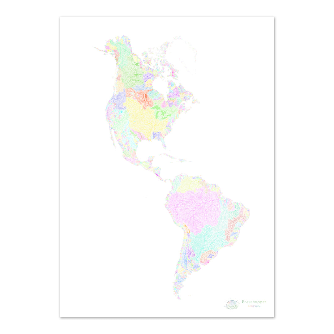 Les Amériques - Carte des bassins fluviaux, pastel sur blanc - Fine Art Print