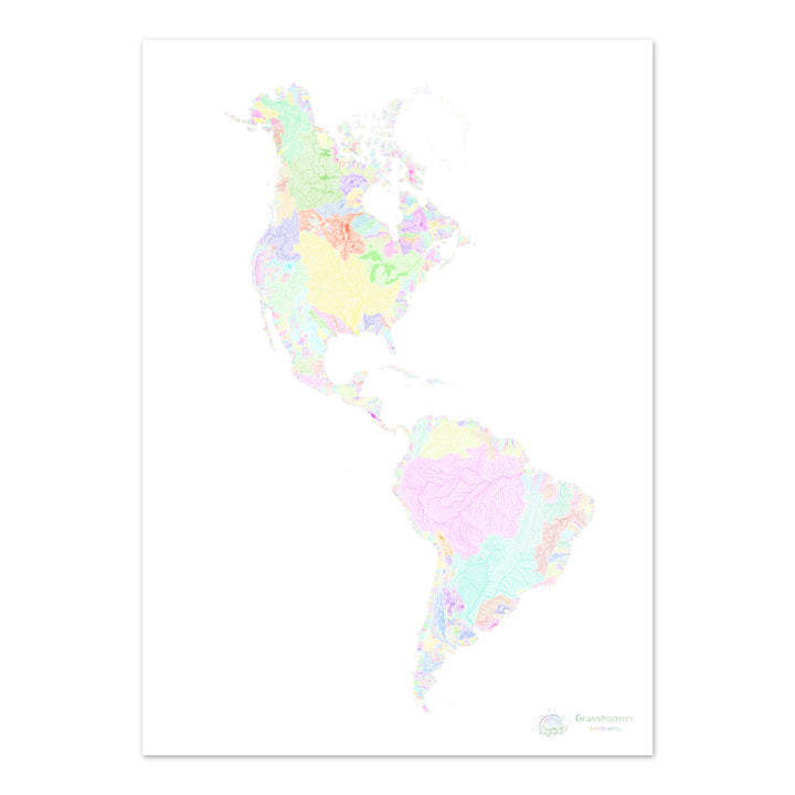 Américas - Mapa da bacia hidrográfica, pastel sobre branco - Impressão de belas artes