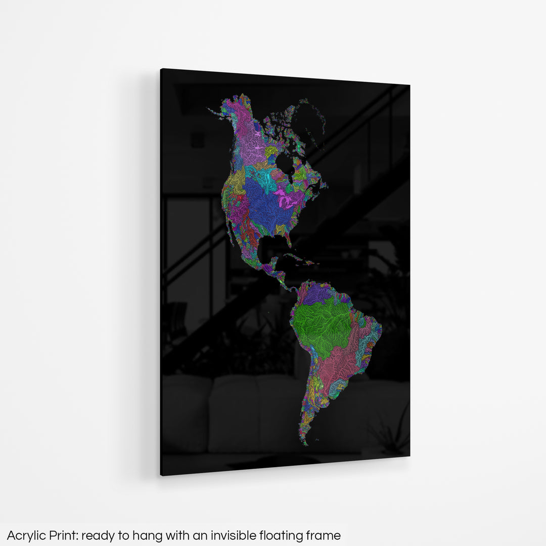 Americas - River basin map, rainbow colours - Wall Art
