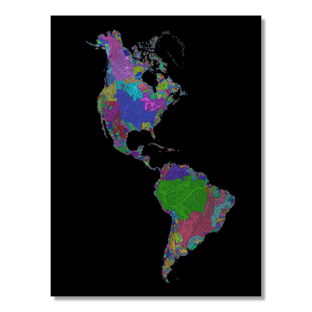 Americas - River basin map, rainbow colours - Wall Art